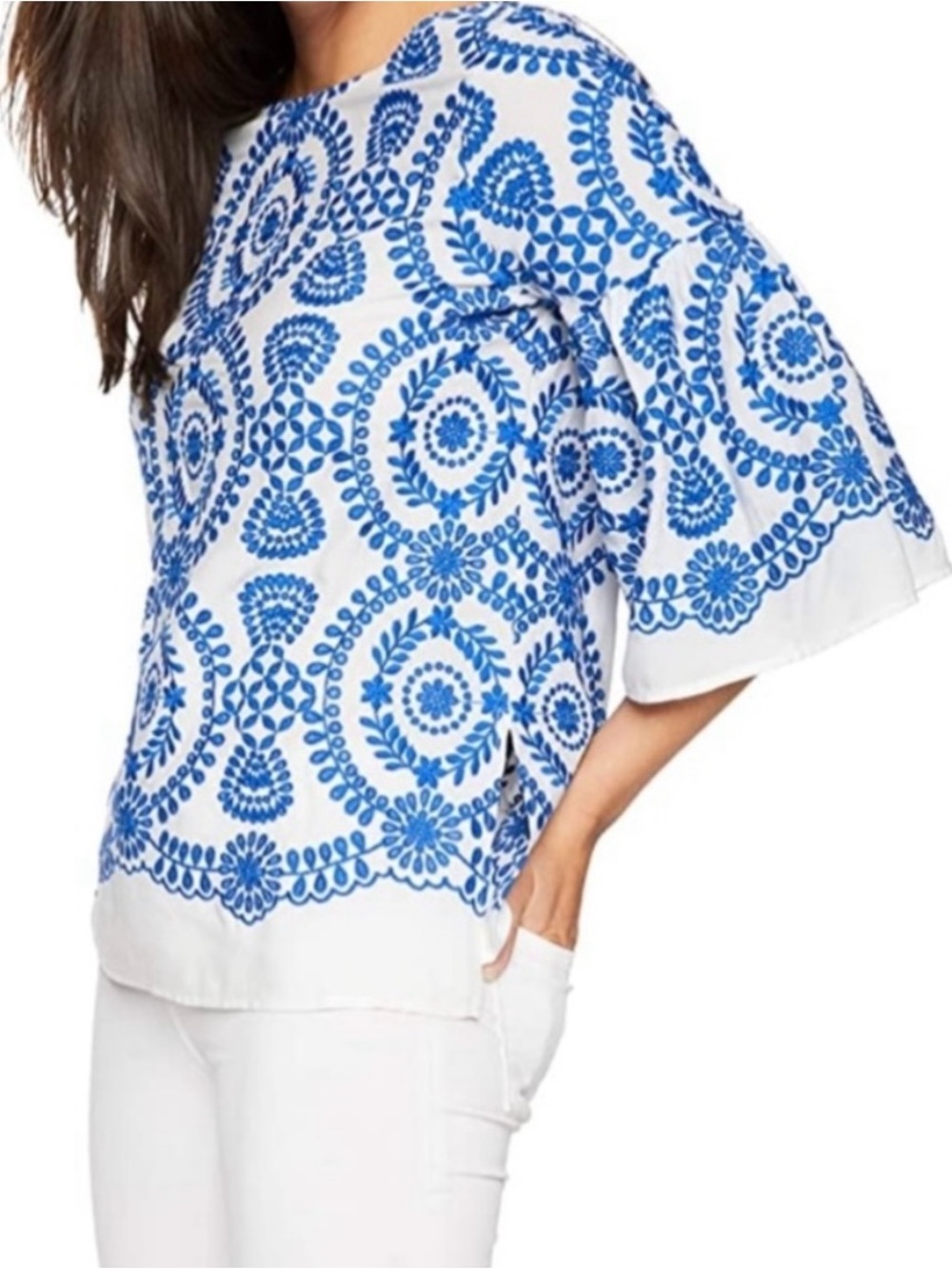 Karen Kane Blue & White Embroidered Bell-Sleeve Top